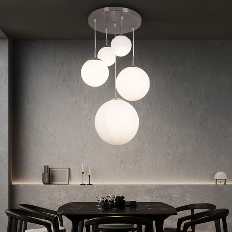 Hängeleuchte Glaskugeln Esstischleuchte hängend Modern Kugelleuchte Hängelampe Glas, 5 Flammig, Metall nickel-matt, 5x E27, BxH 50x90 cm