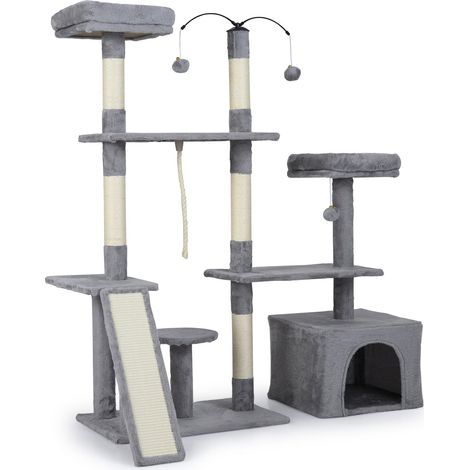 Tiragraffi con design girevole, cuccia e rampa, grigio chiaro