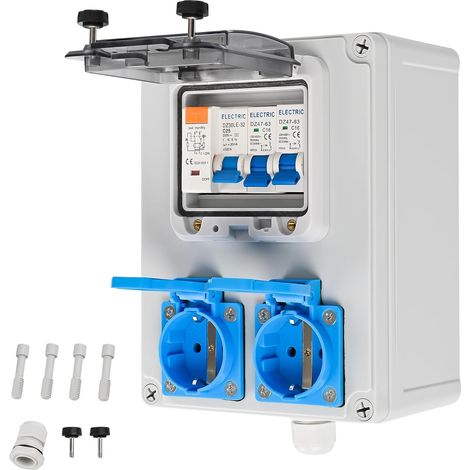 Coffret Électrique de Chantier Mural, 4 Prises 230V Pré-câblé avec 4 Disjoncteurs LS, IP65 Étanche, Répartiteur de Courant Robuste pour intérieur/extérieur Atelier, Chantier et Extérieur