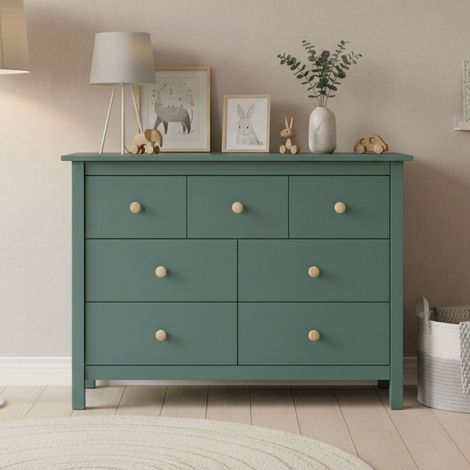 Commode 7 tiroirs 110x40x80 cm en pin bleu canard - FRODI (1/5)
