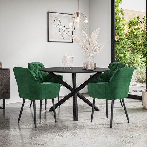 Malvern Round Dining Table And Chairs - Black Table Top w Solid Black Oak Legs + Anika Velvet Dining Chair Set Of 4 (Green) (1/5)