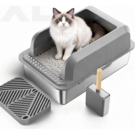 Litière pour chat en acier inoxydable, bac à litière pour chat, bac à litière en acier inoxydable XL ouvert 60x40x30 cm avec pédale et pelle, bac à litière semi-fermé facile à nettoyer pour (1/5)