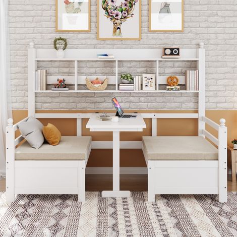 Sofá cama de madera blanco 90x200 cm, 2 en 1 con escritorio abatible, estantería lateral y cojines incluidos (1/5)