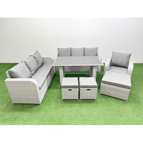 Fimous Rattan Garden Furniture Dining Set 10-seater Patio Rectangular Table Sofa Set with 3 Stools Light Grey (1/4)