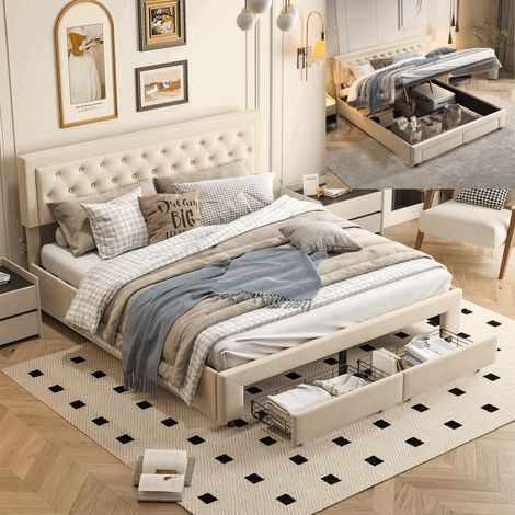 Letto matrimoniale 160x200,letto matrimoniale contenitore,letto contenitore 160x200,con due cassetti,design rivetto, velluto, beige