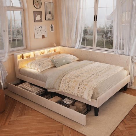 Cama doble tapizada 140 x 200 cm con 2 cajones, cabecero con almacenaje, puertos USB y LED, cama esquinera modular de terciopelo, beige (1/5)
