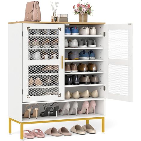 COSTWAY Scarpiera a 7 Livelli, Armadio Porta Scarpe con Porte in Rete, Ripiani Regolabili e Gambe in Metallo Per Ingresso, Corridoio, Armadio e Soggiorno (Bianco,80x37x106 cm) (1/5)