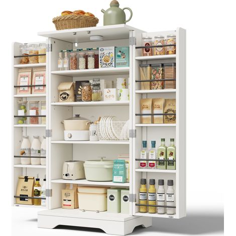 Kuechenhochschrank mit 2 Tueren, Verstellbarem Einlegeboden und LED Licht fuer Kueche und Esszimmer aus MDF 120 x 40 x 60 cm Weiss (1/5)
