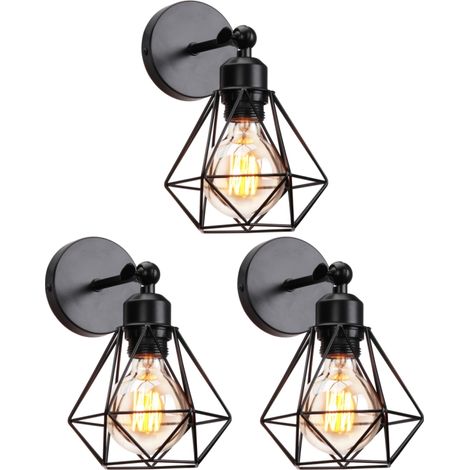 3 Piezas Lámpara de Pared Vintage Industrial Aplique Pared Diseño Jaula Luz de Techo Ajustable Iluminación E27 Negro Ø15,5cm