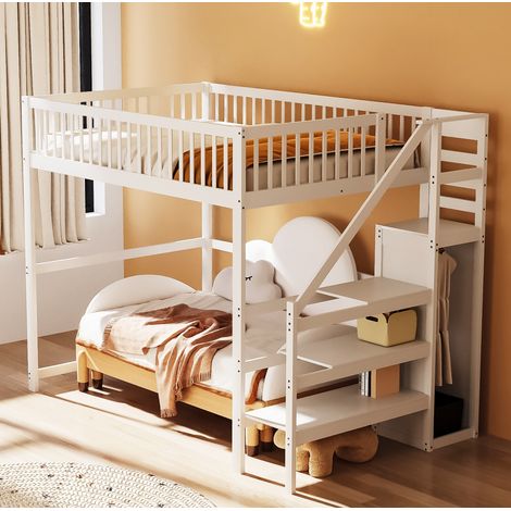 Letto a soppalco 140x200 cm bianco in legno con scala contenitore e armadio (1/5)