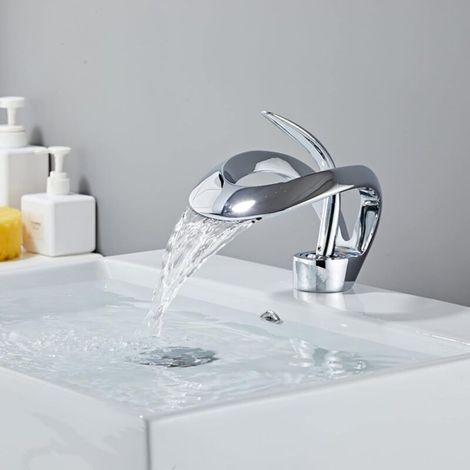 Miscelatore per lavabo a cascata – Miscelatore in ottone cromato con valvola in ceramica – Risparmio idrico fino al 30% – Montaggio a piano (1/5)