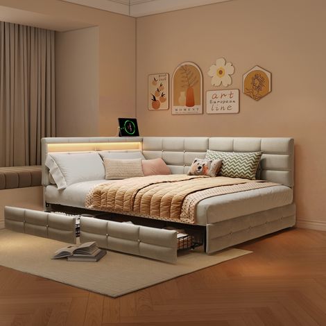 Cadre de Lit 140x190cm, LED et USB, 2 tiroirs, tissu en lin, Tête de lit en forme de L, Beige (1/5)
