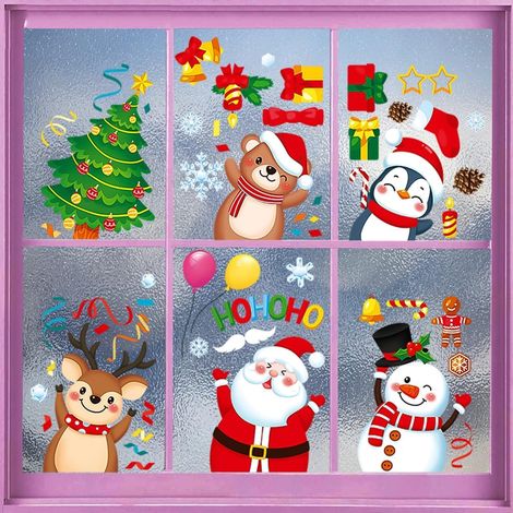 Autocollant Noël Fenêtre, Decoration Noel Interieur Maison Stickers Pere Noel Fenetre Réutilisable Amovible pour Magasin Vitre Vitrine Porte, Grand Coloré Bonhomme de Neige Autocollants Hiver Sticker (1/5)