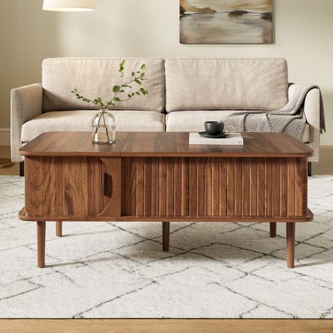 Mesa de Centro Moderna Retro con Tablero Elevable y Puerta Corredera, para Salón, MDF, Nogal, 100 × 48 × 55.5 cm (1/5)