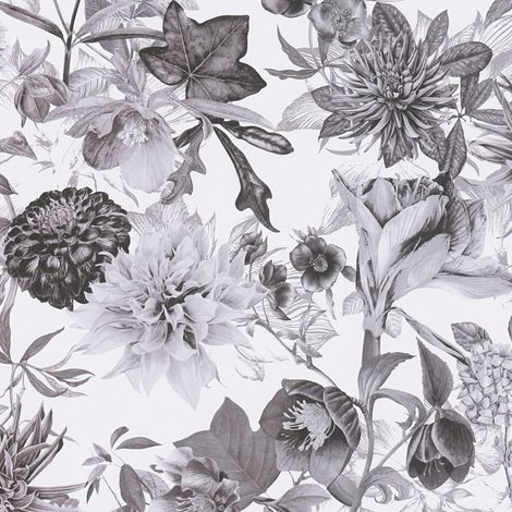 Blumen Tapete Profhome 381753 glatte Vliestapete ohne Struktur mit floralen Ornamenten matt grau schwarz weiß 5,33 m2