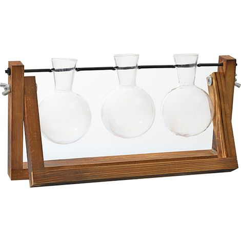Porte-plante mural en bois naturel avec mini-vases en forme de bulbe verre - Support décoration pour plantes petites, aériennes, aquatiques - Lot complet avec 1 support et 2/3 vases (1/5)