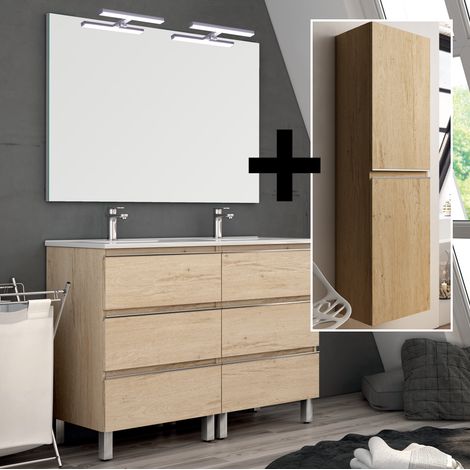 Ensemble meuble de salle de bain 140cm simple vasque + colonne de rangement - bambou (chêne clair) - PALMA (1/5)