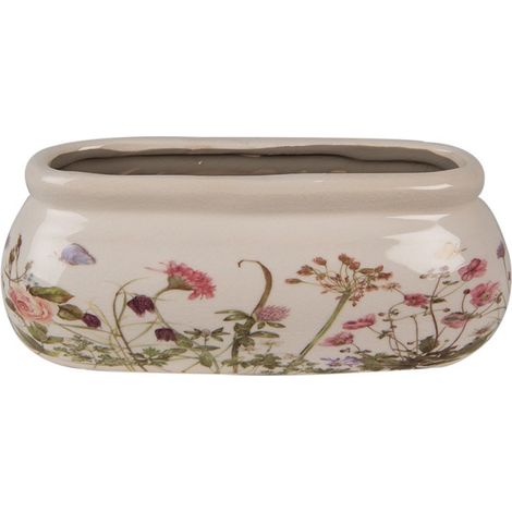 Pot de fleurs ovale en céramique beige 18x8x7cm – Surface lisse effet craquelé – Décor floral bucolique – Pour petites plantes d'intérieur – La Grande Prairie