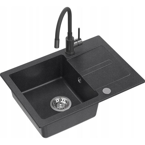 Nayes Spülbecken aus schwarzem Granit 62x44 + Siphon + flexibler Wasserhahn + Spender