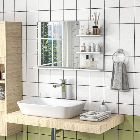 Espejo de baño moderno con 2 estantes laterales y estante inferior, espejo de pared de MDF y cristal, 75x10x48 cm, blanco