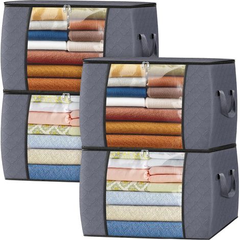 Lot de 4 sacs de rangement pliables (90 L) pour ranger chambres, armoires, vêtements et couettes, gris (1/5)