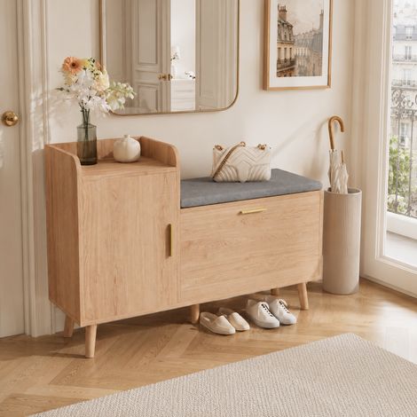 Meuble à Chaussures Multifonctionnel avec Banc et Coussin, Banc Chaussures Entrée avec abattants et Étagères Réglables,Bois Naturel (1/5)