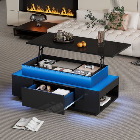 Table basse en panneau de particules 96 x 45 x 40 cm noire avec plateau relevable et LED (1/5)