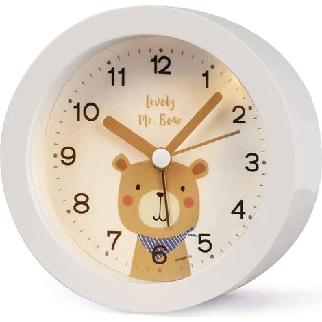 Réveil enfant silencieux, réveil voyage sonore avec double cloche lumineuse pour chambre d’enfant, modèle blanc, sans tic-tac, cadran éclairé, pack unique. (1/5)