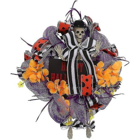 Guirlande de fleurs orange en forme de crâne, décoration de porte pour Halloween, ambiance festive (1/3)