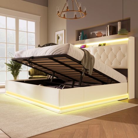 Polsterbett einzelbett, 360-Surround-LED-Funktion, Drucktaste/App/Fernbedienung, Material Hydraulisches Lagerbett, gepolstertes Kopfteil mit USB Typ-C Ladefunktion (Ohne Matratze)