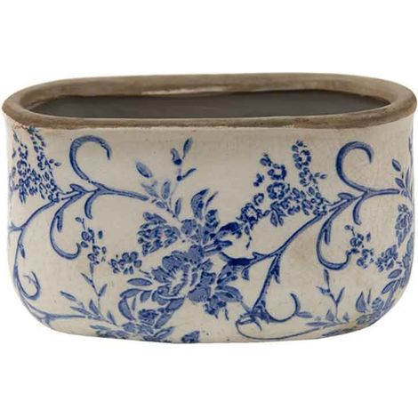 Pot de fleurs céramique motif floral bleu 10x9x17cm