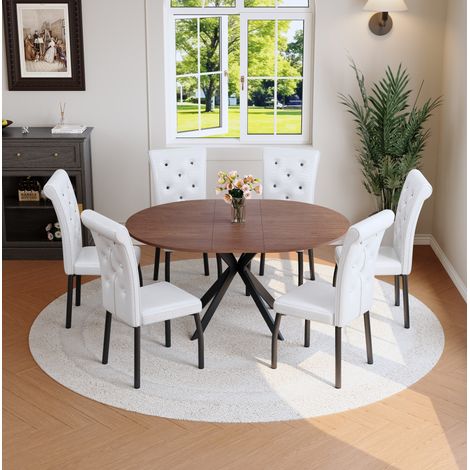 Ensemble table extensible et 6 chaises MDF, métal, noyer et blanc, gain de place – MEUBLIV (1/5)