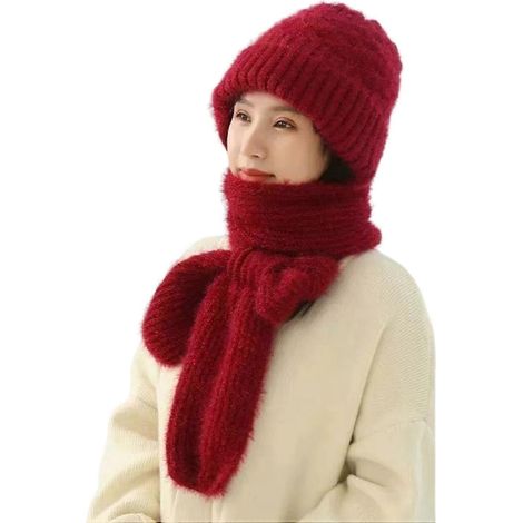 Damen-Wintermütze mit integriertem Schal, dick, warm, gestrickt, winddicht, hochelastisch, umfassender Schutz-Wine red (1/5)