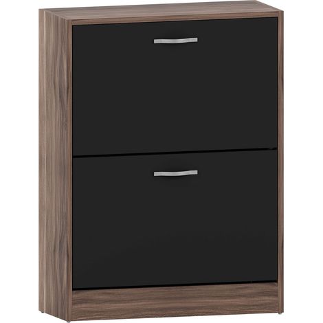 2 Drawer Shoe Cabinet Hallway Storage Cupboard Stand, Walnut-&-Black (1/5)