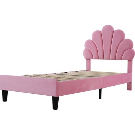 Cama infantil tapizada 90 x 200 cm rosa con cabecero floral, base de lamas de madera, MODENUIT (1/5)