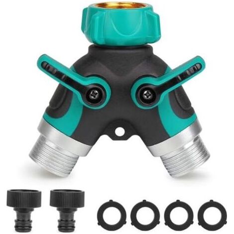 Distributeur à 2 voies Séparateur de Tuyau Y-Distributeur 3/4” Raccord Tuyau D'arrosage avec 2 Sorties Vannes 26,5 mm Débit D'eau Réglable et Verrouillable 2 Connecteurs et 4 Rondelles (1/4)