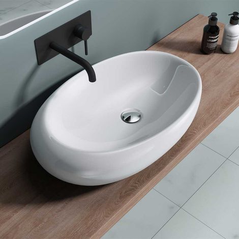Durovin Bathrooms Ceramic Bathroom Basin Sink With No Overflow - Shallow Fill No Tap Hole - Oval Shape Offset Rim (690 x 420 x 170mm)