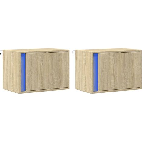 Set di 2 comodini da parete con luci LED in legno ingegnerizzato color rovere DEC036150