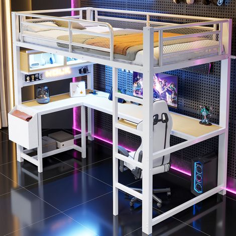 Lit mezzanine gaming 90x200 cm avec bureau, tablette pour clavier, compartiments de rangement, LED et station de recharge, blanc (1/5)