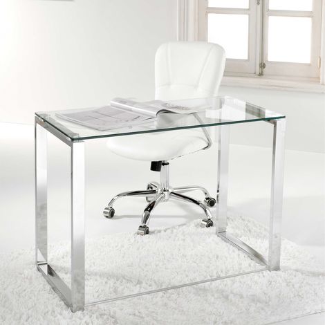 Fijalo – Table d'étude pour enfant 100 x 50 cm – Verre trempé translucide – Pieds chromés – Bureau moderne et élégant