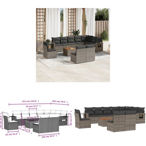 11-tlg. Garten-Sofagarnitur mit Kissen Grau Poly Rattan - Gartenmöbel Set - Esszimmergarnitur - Outdoor Möbel - Lounge Garnitur - Rattan Gartenmöbel - Home & Living (1/3)