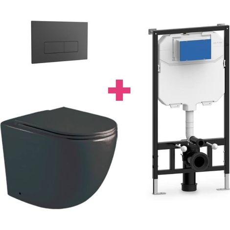 PACK inodoro suspendido cerámica GENOVA negro mate con cisterna y pulsador Negro rectangular
