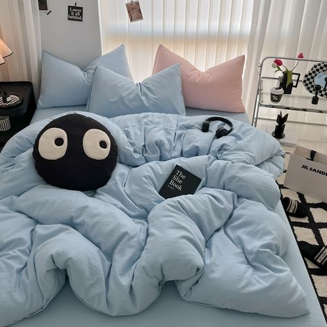 Ultra-weiche und geknitterte Bettwäsche aus gewaschener Baumwolle - Airbnb & Studentenwohnheim-Stil - Meersalzblau - 4-teiliges Bettwäscheset mit Spannbettlaken für 180x200 cm Bett (Bezug 180x220 cm)-