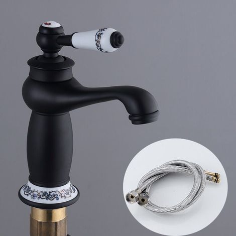 Noir Robinet Rétro de Lavabo Évier en Laiton Céramique Robinet Antique Vintage Mitigeur Robinet d'Eau Froide/Chaude Remplacement Décoration pour Cuisine Salle de Bain (1/4)