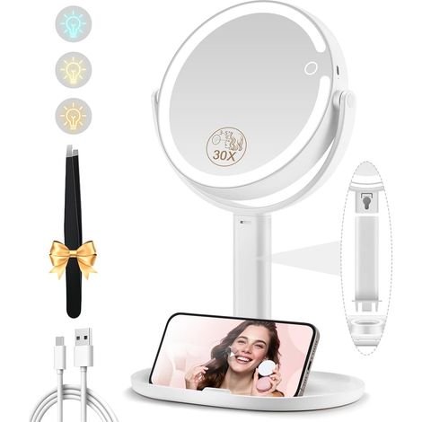 Miroir Grossissant Lumineux X 20, Miroir Grossissant sur Pied 8", miroirs Maquillage Lumineux sur Pied Double Face 3 Couleurs 64 LED, Rechargeable Rotation 360° (1/5)