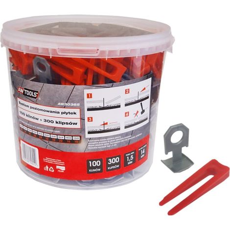 SISTEMA DE NIVELACIÓN DE AZULEJOS AWTOOLS ESTÁNDAR 15 mm 715 mm CLIP 300 piezas CUÑA 100 piezas (1/5)