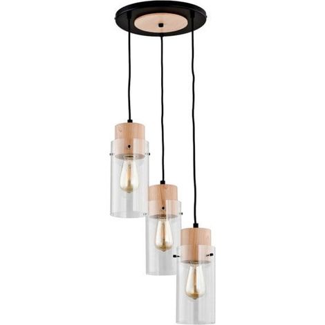 Alfa Tantum 60175 3-Light Pendant Chandelier, E27 Max 3x60W, Black Metal & Light Wood with Clear Glass Shades, Dimmable, Adjustable Drop to 100 cm, IP20 Indoor (1/4)