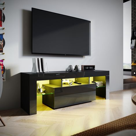 SIRHONA Meuble TV Noir avec lumières LED Meuble tele étagères en verre Espace de rangement Multicouche 130x35x45 cm (1/5)