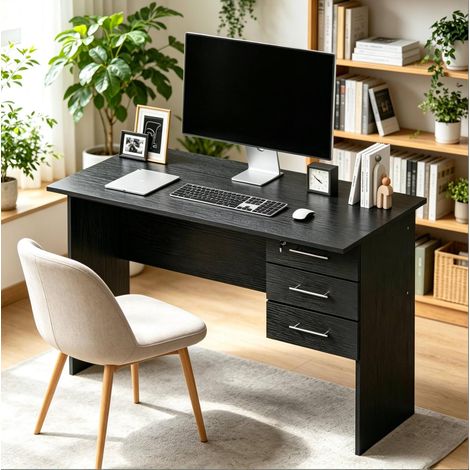 MEUBLIV Scrivania 120x60 cm nera con 3 cassetti con serratura, in legno, montaggio richiesto (1/5)