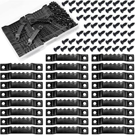 100 crochets de suspension noirs en dents de scie, supports de cadres photo en acier, 200 vis pour horloges murales, tableaux, objets en bois, décorations, œuvres d'art, panneaux, affiches. (1/5)